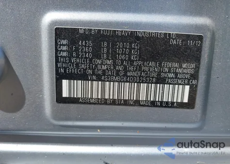 2013 Subaru Legacy 2.5 I Sport from USA, damaged, VIN 4S3BMBG64D3025328